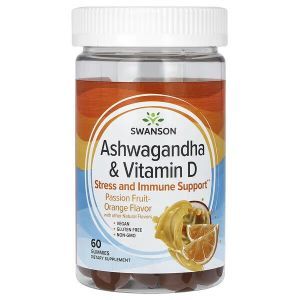 Ашваганда и витамин D, Ashwagandha & Vitamin D, Swanson, маракуйя и апельсин, 60 жевательных таблеток