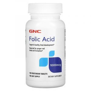Фолиевая кислота, Folic Acid, GNC, 1000 мкг, 100 вегетарианских таблеток