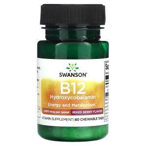 Витамин B12, B12 Hydroxycobalamin, Swanson, гидроксикобаламин, ягодное ассорти, 1000 мкг, 60 жевательных таблеток