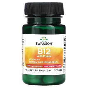 Витамин B12 с фолатом, Vitamin B12 with Folate, Swanson, со вкусом клубники, 1000 мкг, 100 пастилок