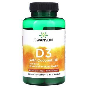 Витамин D3, D3 with Coconut Oil, Swanson, с кокосовым маслом, 2000 МЕ, 60 капсул