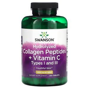 Пептиды гидролизованного коллагена и витамин C, Hydrolyzed Collagen Peptides + Vitamin C, Swanson, 1000 мг, 250 таблеток