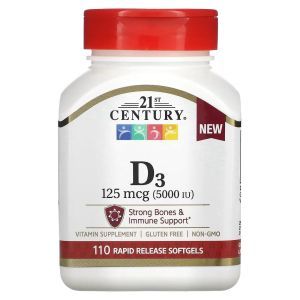 Витамин D3, 21st Century, 125 мкг (5,000 МЕ), 110 софтгель капсул