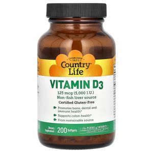 Витамин Д3 (холекальциферол), Vitamin D3, Country Life, 125 мкг (5000 МЕ), 200 гелевых капсул