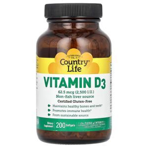 Витамин Д3, Vitamin D3, Country Life, 62,5 мкг (2500 МЕ), 200 гелевых капсул