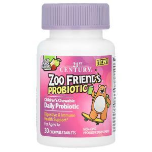 Пробиотик для детей от 4-х лет Zoo Friends, Children's Chewable Probiotic, 21st Century, со вкусом фруктового пунша, 30 жевательных таблеток