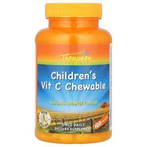 Жевательные таблетки с витамином С для детей, Children's Vitamin C Chewable, Thompson, апельсин, 100 шт.