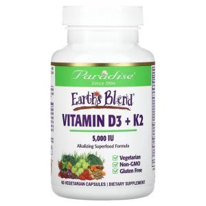 Витамины D3 и K2, Vitamin D3 + K2, Paradise Herbs, Earth's Blend, 5000 МЕ, 90 вегетарианских капсул