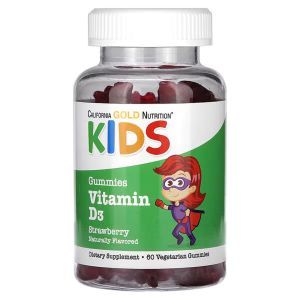 Витамин D3 жевательный, Vitamin D3 For Children, California Gold Nutrition, без желатина, для детей, со вкусом клубники, 60 вегетарианских жевательных конфет