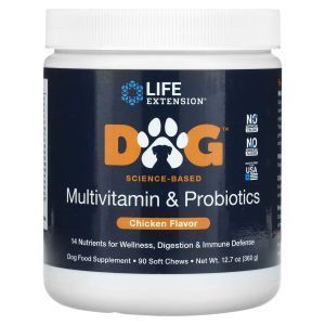 Мультивитамины и пробиотики для собак, Dog, Multivitamin & Probiotics, Life Extension, вкус курицы, 360 г, 90 жевательных конфет.