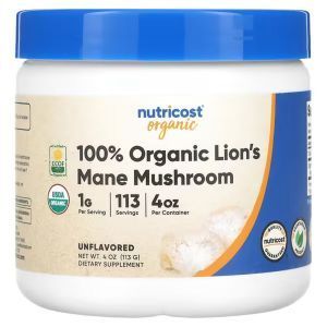 Львиная грива гриб, Lion's Mane Mushroom, Nutricost, 100% органический, без вкуса, 113 г