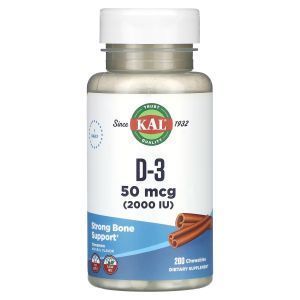 Витамин D3, D-3, KAL, со вкусом корицы, 50 мкг (2000 МЕ), 200 жевательных таблеток