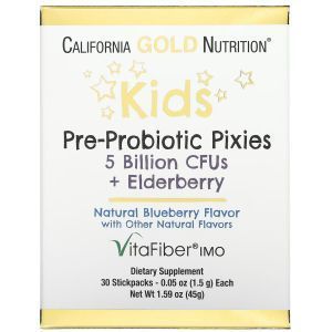 Пребиотики и пробиотики для детей, Kids Pre-Probiotic Pixies, California Gold Nutrition, 5 миллиардов КОЕ + бузина, с натуральным вкусом голубики, 30 пакетиков (1.5 г каждый)