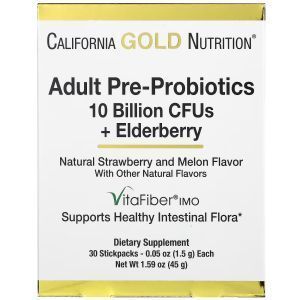 Пребиотики и пробиотики для взрослых, Adult Pre-Probiotics, California Gold Nutrition, 10 миллиардов КОЕ + бузина, с натуральным вкусом клубники и дыни, 30 пакетиков (1.5 г каждый)