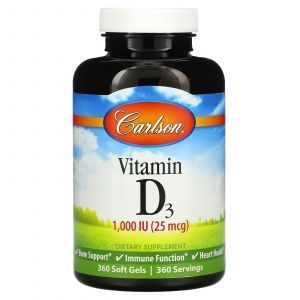 Вітамін Д3, Vitamin D3, Carlson Labs, 25 мкг (1,000 МО), 360 гелевих капсул