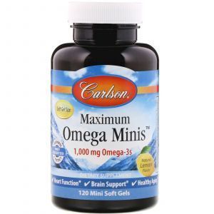 Омега с натуральным вкусом лимона, Maximum Omega Minis, Carlson Labs, 1000 мг, 120 мини-гелевых капсул