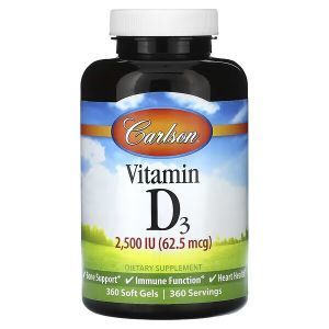 Вітамін Д3, Vitamin D3, Carlson, 2500 МО (62.5 мкг), 360 гелевих капсул
