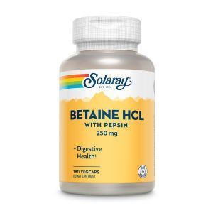 Бетаин HCl + пепсин, HCL with Pepsin, Solaray, 250 мг, 180 капсул