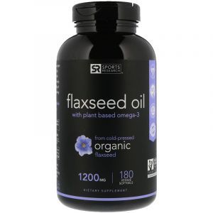 Льняное масло с растительными Омега-3, Flaxseed Oil, Sports Research, 1200 мг, 180 вегетарианских капсул
