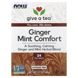 Чай с имбирем и мятой, Ginger Mint Comfort, NOW Foods, Give A Tea, успокаивающий, без кофеина,  24 чайных пакетика, 48 г