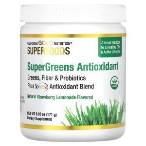 Комплекс антиоксидантов из суперзелени, SUPERFOOD - Supergreens Antioxidant, California Gold Nutrition, со вкусом клубничного лимонада, 171 г