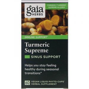 Куркума турмерик, Turmeric Supreme, Gaia Herbs, поддержка носовых пазух, 60 капсул