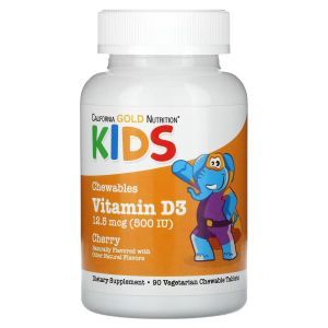 Жевательный витамин D3, Chewable Vitamin D3 for Children, California Gold Nutrition, для детей, со вкусом вишни, 12,5 мкг (500 МЕ), 90 таблеток