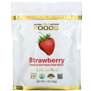 Готовые к употреблению сублимированные слайсы клубники, Freeze-Dried Strawberry, Ready to Eat Whole Freeze-Dried Slices, California Gold Nutrition, 28 г