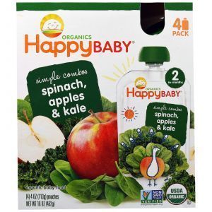 Детское крем-пюре со шпинатом, яблоком и к капустой, Organic Baby Food, Nurture Inc. (Happy Baby), 4 пакета по 113 г