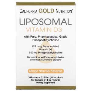 Липосомальный витамин D3, Liposomal Vitamin D3, California Gold Nutrition, 125 мкг (5,000 МЕ), 30 пакетиков (5.0 мл каждый)