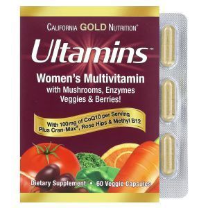 Мультивитамины для женщин с коэнзимом Q10, Ultamins Women's Multivitamin with CoQ10, Mushrooms, Enzymes, California Gold Nutrition, 60 капсул