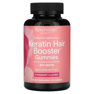 Кератин для укрепления волос с биотином, Keratin Hair Booster Gummies With Biotin, Reserveage Nutrition, со вкусом клубники, 60 жевательных конфет