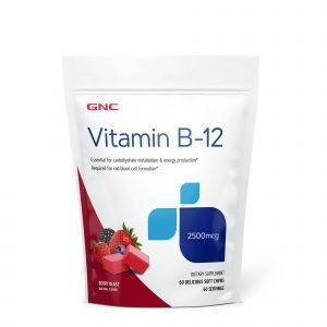 Витамин В-12, Vitamin B-12, GNC, 2500 мкг, вкус ягод, 60 жевательных конфет
