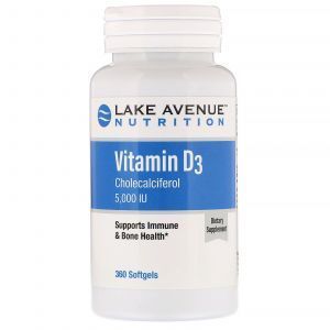 Витамин Д3, Vitamin D3, Lake Ave. Nutrition, 5000 МЕ, 360 гелевых капсул