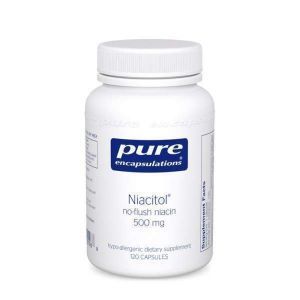 Ниацин не вызывающий покраснений, Niacitol, Pure Encapsulations, для поддержки пищеварения, синтеза гормонов и образования тканей, 500 мг, 120 капсул