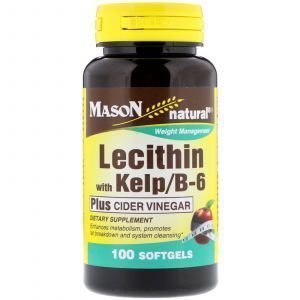 Лецитин с водорослями и витамином B6, Lecithin with Kelp/B6 Plus Cider Vinegar, Mason Natural, 100 кап.