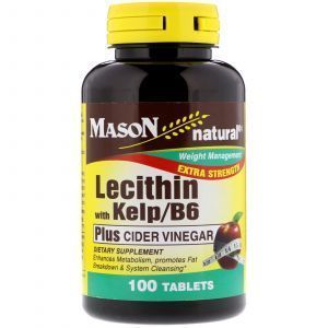 Лецитин с водорослями и витамином B6, Lecithin with Kelp/B6 Plus Cider Vinegar, Mason Natural, 100 таб.