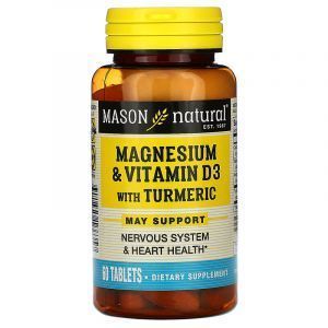 Витамин Д3 с куркумой и магнием, Magnesium & Vitamin D3 with Turmeric, Mason Natural, 60 таблеток