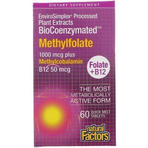 Фолат В-12 и метил фолат, Folate B12, Methylfolate, Natural Factors, 1000 мкг, 60 таб.