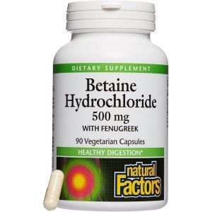 Бетаина гидрохлорид, Betaine HCl, Natural Factors, 500 мг, 90 вегетарианских капсул