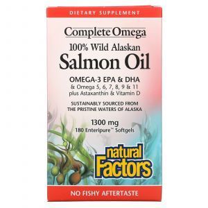 Масло лосося, Salmon Oil, Natural Factors, дикого аляскинского, 1300 мг, 180 гелевых капсул