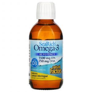 Омега-3, 1500 мг EPA/750 мг DHA, з вітаміном D3, лимонне безе, Omega-3, 1500 mg EPA/750 mg DHA, з Vitamin D3, Natural Factors, 200 мл