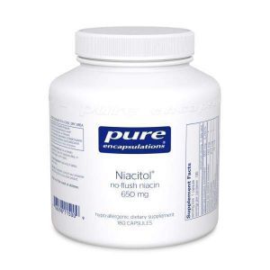 Ниацин не вызывающий покраснений, Niacitol, Pure Encapsulations, для поддержки пищеварения, синтеза гормонов и образования тканей, 650 мг, 180 капсул