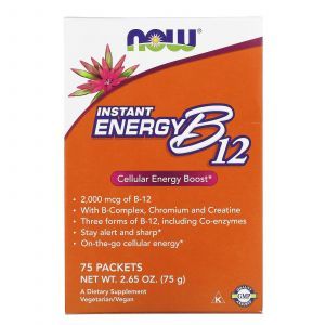 Витамин В12, Instant Energy B12, Now Foods, 2000 мкг, 75 пакетов по 1 г