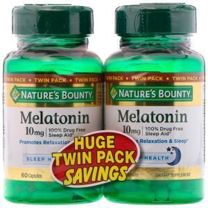 Мелатонин, Melatonin, Twin Pack, Nature's Bounty, 2 упаковки, 10 мг, 60 капсул в каждой