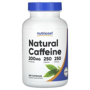 Кофеин, Natural Caffeine, Nutricost, натуральный, 200 мг, 250 капсул