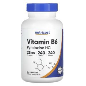 Витамин В6 (пиридоксин HCl), Vitamin B6, Nutricost, 100 мг, 240 капсул 