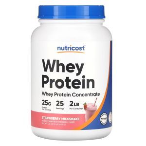Сироватковий протеїн, Whey Protein Concentrate, Nutricost, концентрат, зі смаком полуничного молочного коктейлю, 907 г