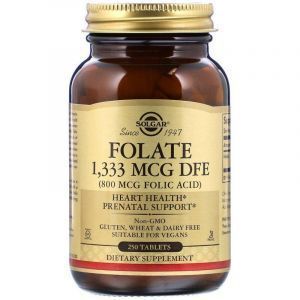 Фолат, Folate, Solgar, фолієва кислота, 1,333 мкг DFE (800 мкг), 250 таблеток