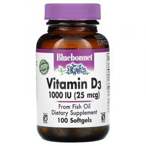 Витамин D3, Vitamin D3, Bluebonnet Nutrition, 25 мкг (1000 МЕ), 100 гелевых капсул
